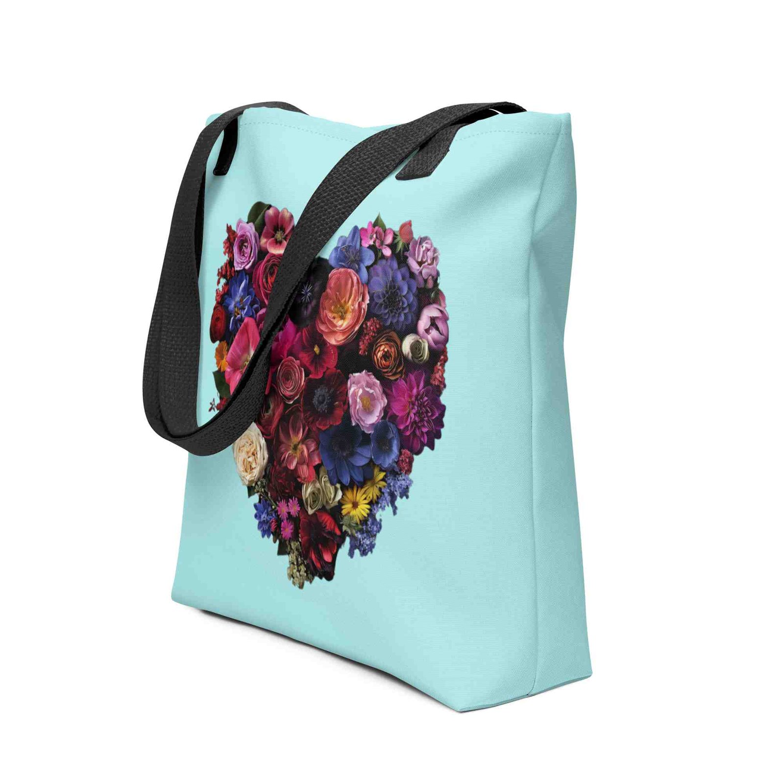 Mėtinis medžiaginis krepšys su gėlių širdimi | Estetiškas tote bag merginai | Vasariška dovana jai - Image 2